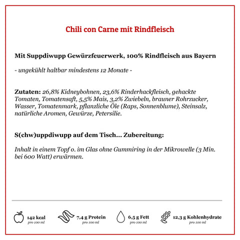 Leckeres Chili con Carne, 100% Rindfleisch ohne Zusatzstoffe | Suppdiwupp
