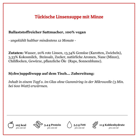 Leckere Türkische Linsensuppe mit Minze, 100% vegan ohne Zusatzstoffe | Suppdiwupp