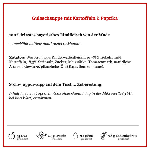 Leckere Gulaschsuppe mit Kartoffeln & Paprika, 100% Rindfleisch ohne Zusatzstoffe | Suppdiwupp