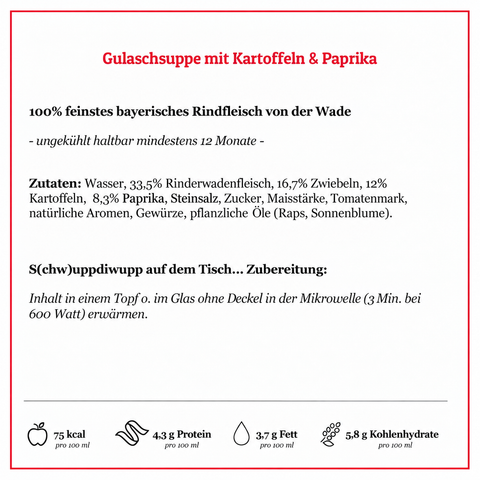 Leckere Gulaschsuppe mit Kartoffeln & Paprika, 100% Rindfleisch – Zutaten & Nährwerte | Suppdiwupp