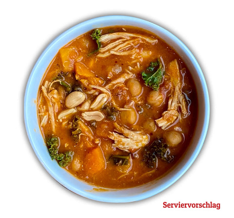 Leckere Afrikanische Erdnusssuppe mit Pulled Chicken schnell zubereitet | Suppdiwupp