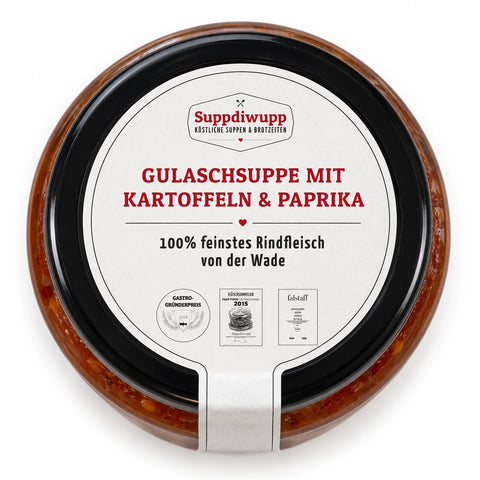 Leckere Gulaschsuppe mit Kartoffeln & Paprika, 100% Rindfleisch im Glas mit Drehverschluss | Suppdiwupp